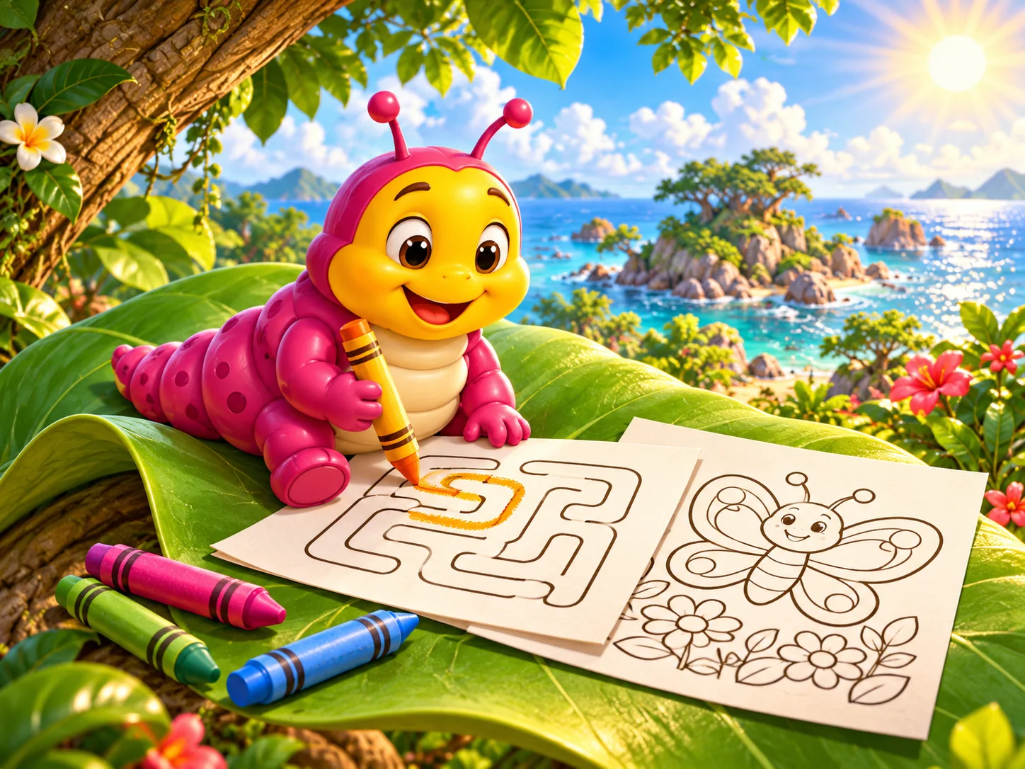 Fatapiller uses a crayon beside maze and colouring pages on a broad leaf